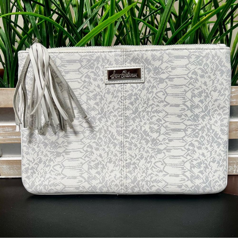 SAM EDELMAN Gray & White Snake Print Tassel Zip Clutch